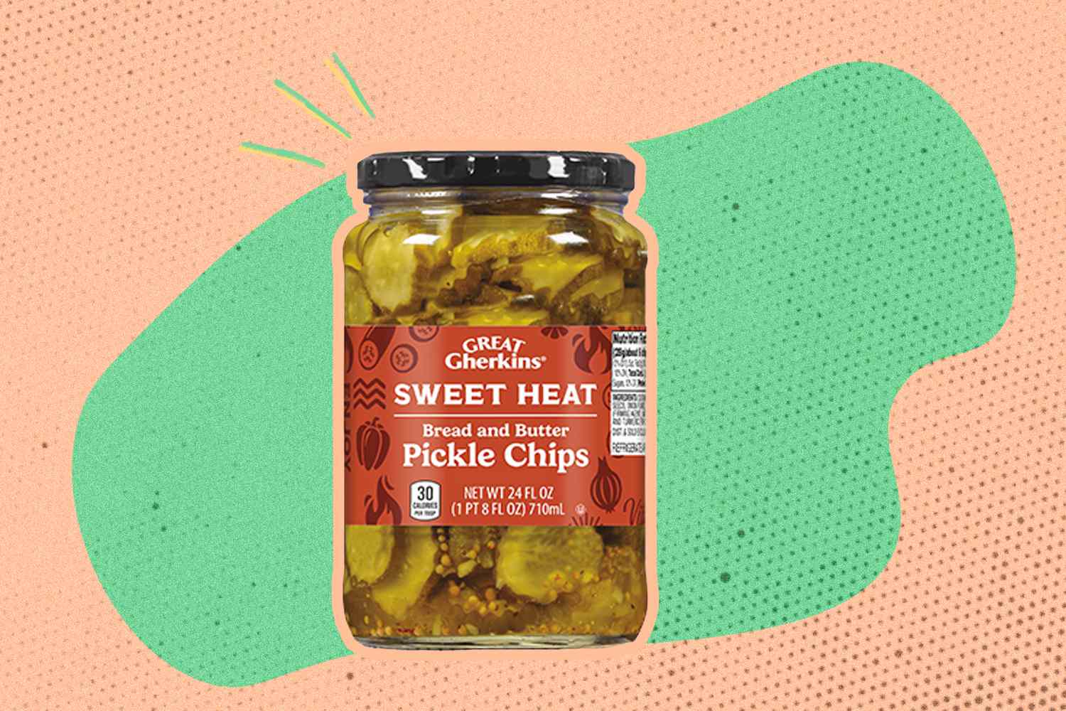 Great Gerkin Sweet Heat Pickles in a jar over a colorful background