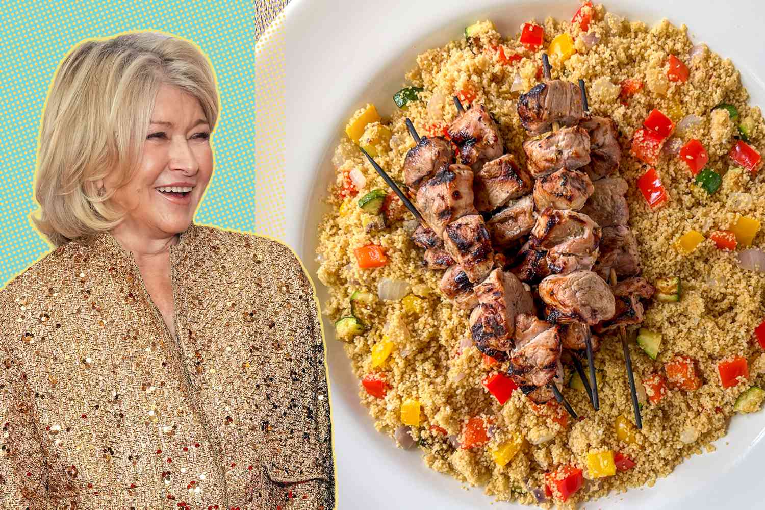 Martha Stewart cut out next to a photo of grilled pork and couscous in a bowl