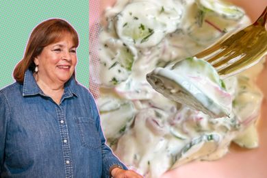 Ina Garten next to a cucumber salad