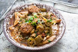 A bowl of Chicken Gumbo with Sausage over white rice