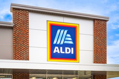 Exterior of an Aldi grocery store with its logo prominently displayed