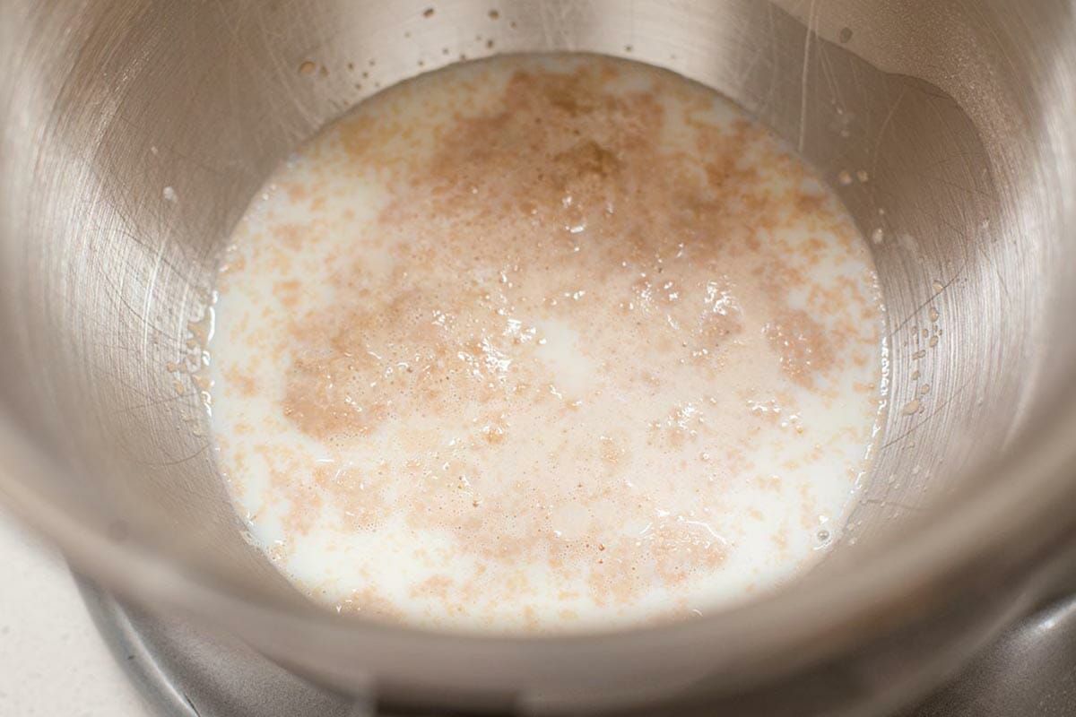 A metal bowl with milk and yeast inside to make lion house rolls.
