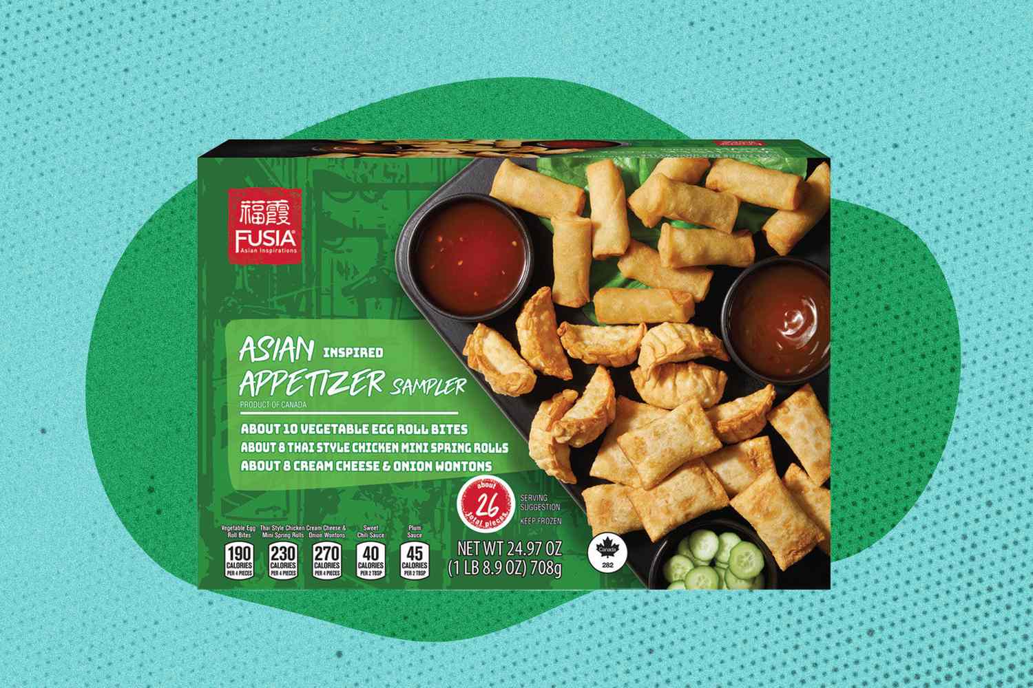 Box of Asian inspired appetizer sampler including egg rolls and dipping sauces