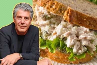 anthony bourdain cut-out next to a photo of chicken salad sandwich