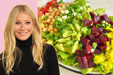 A photo of Gwyneth Paltrow in a black turtleneck next to a photo of her salad, showing neat piles of pepperoncini, cubed roasted beets, chunked avocado, chopped green onion, chickpeas, and halved cherry tomatoes on a bed of romaine lettuce