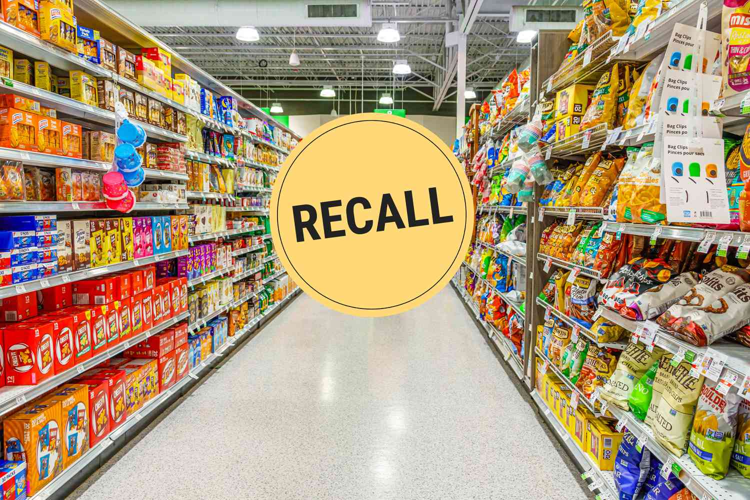 Photo of a grocery store aisle with a "Recall" badge superimposed in the middle