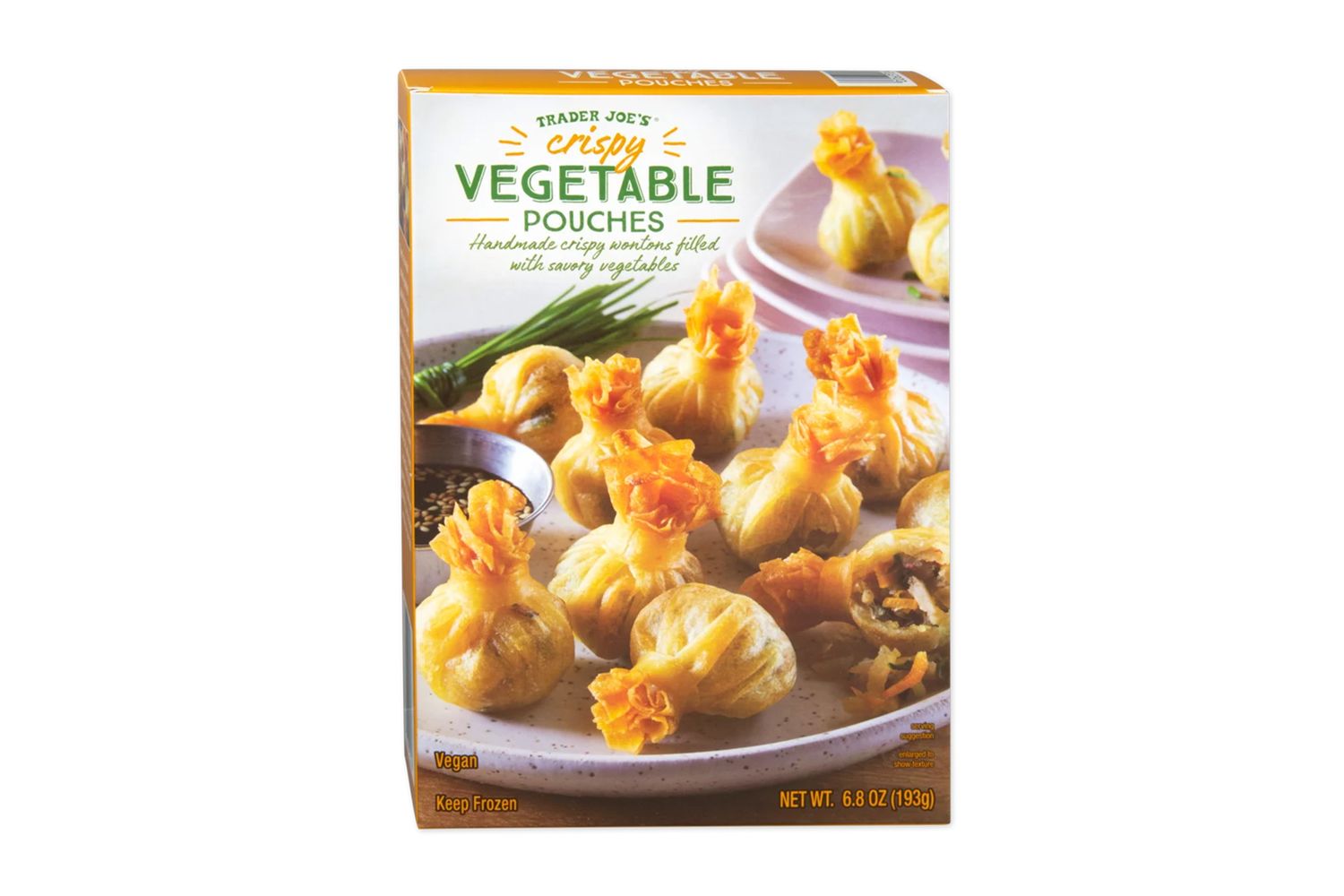 Box of Trader Joes crispy vegetable pouches with an image of the food on the packaging
