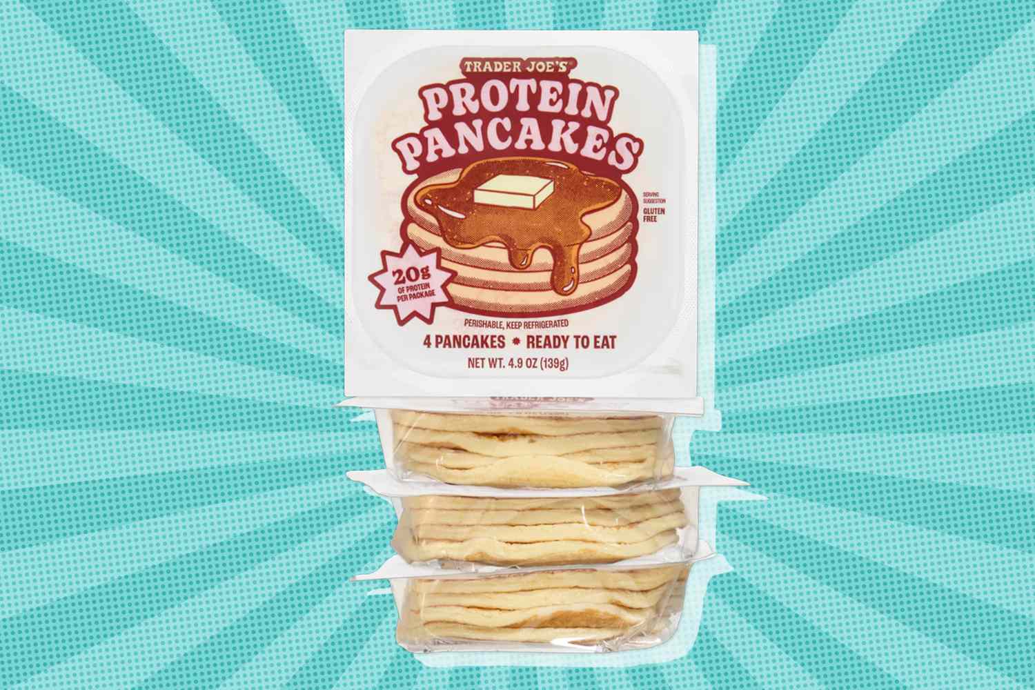Trader Joes Protein Pancakes packaging product displayed stacked below
