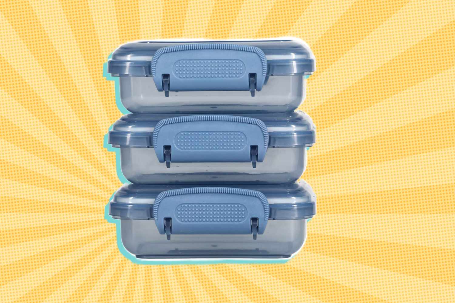 Three stacked plastic containers with blue lids positioned against a gradient yellow background with radiating lines