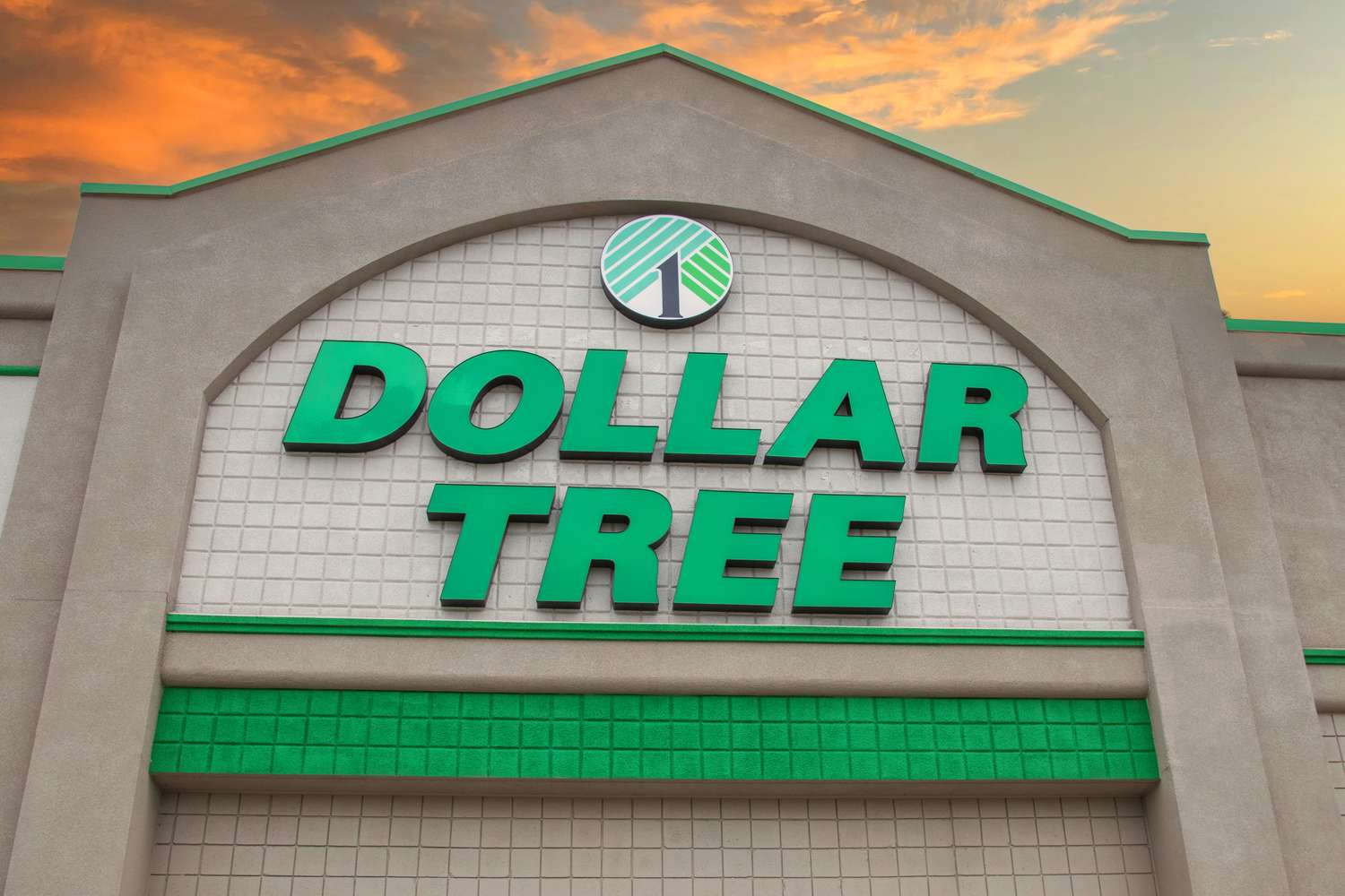 The entrance to a Dollar Tree store with the logo and sign visible