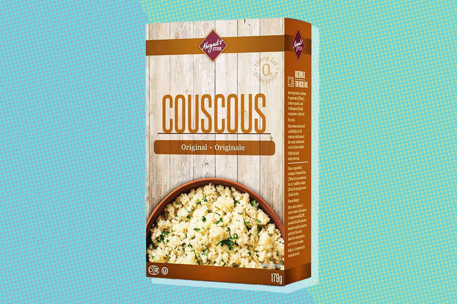 Box of couscous on a colorful background