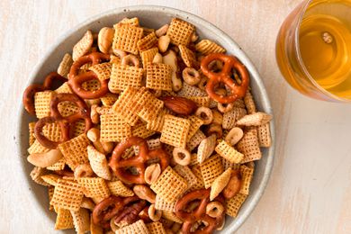 overhead view of a bowl of Grandma Jean’s Snack Mix Recipe