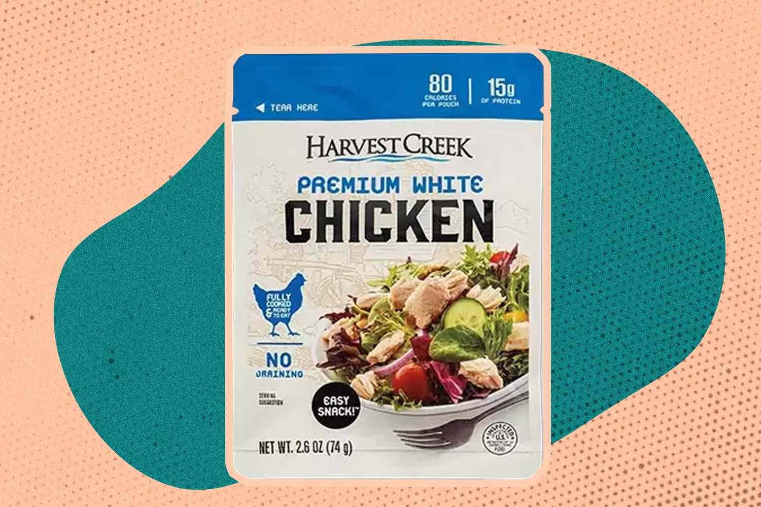 Harvest Creek Premium White Chicken Pouch over a colorful background