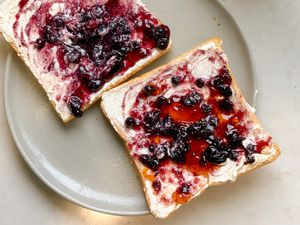 Overhead shot of Korean breakfast toast on a plate