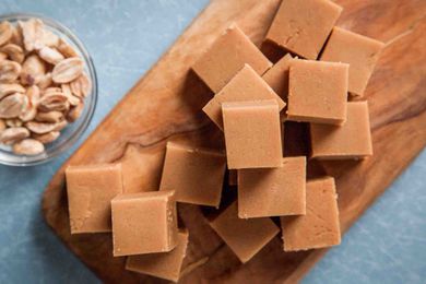 Peanut Butter Fudge squares on cutting board