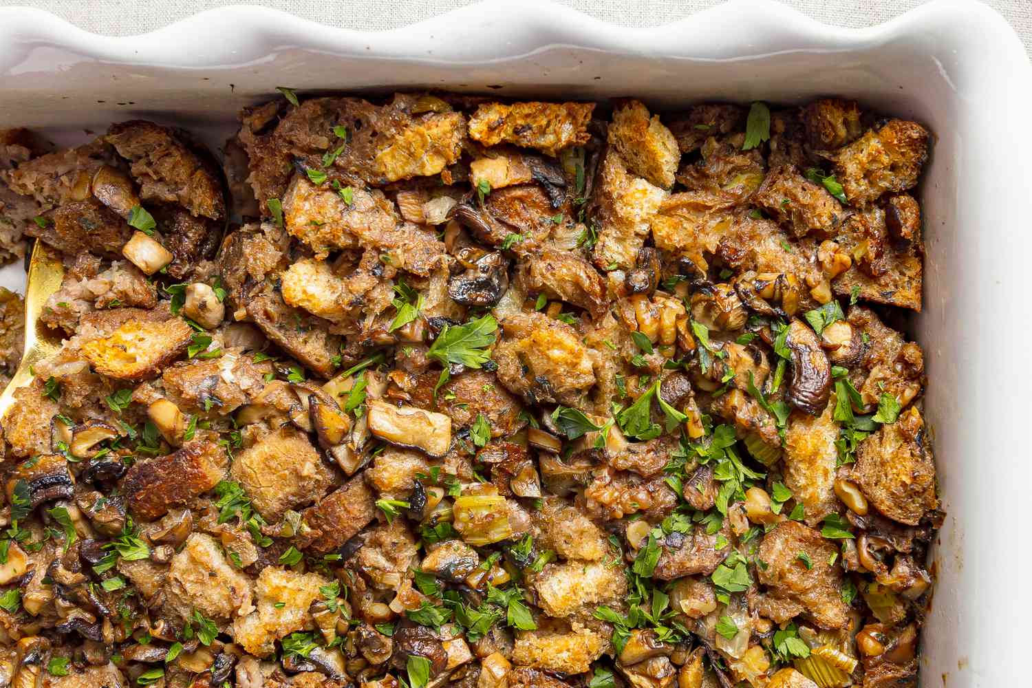 Casserole Dish of Vegan Mushroom Stuffing