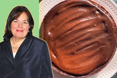 Ina Garten next to a chocolate cake topped with frosting shown side by side