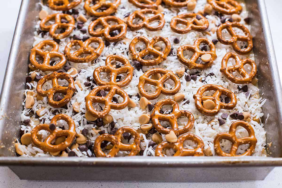 7 Layer Bars with Peanut Butter and Pretzels add the pretzels