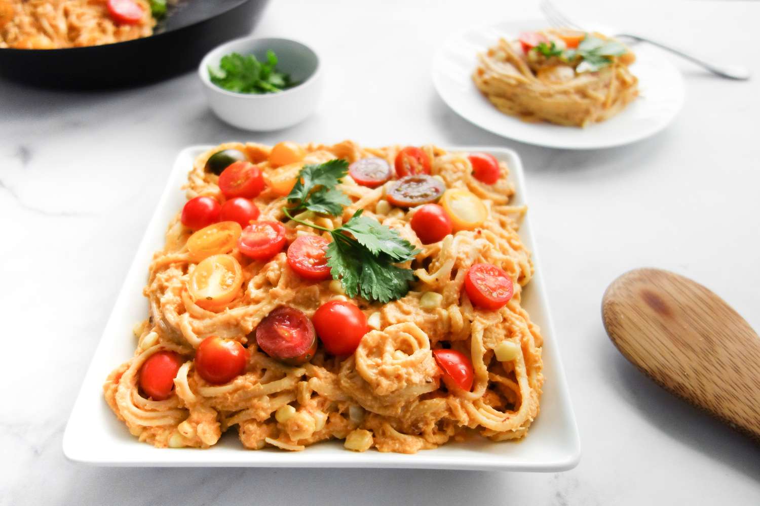 Spicy Creamed Corn Linguine on a Platter