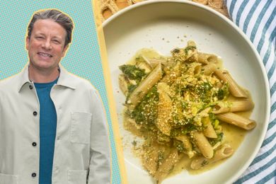 Jamie Oliver with pasta in a bowl