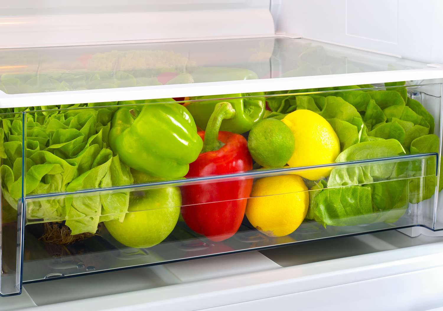 Vegetables and fruits in a refrigerator crisper drawer including lettuce bell peppers and citrus fruits