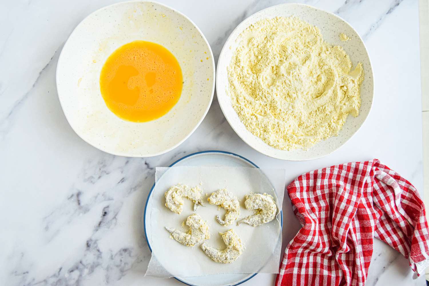 Bowls of Dredging Ingredients for Shrimp Po Boy 