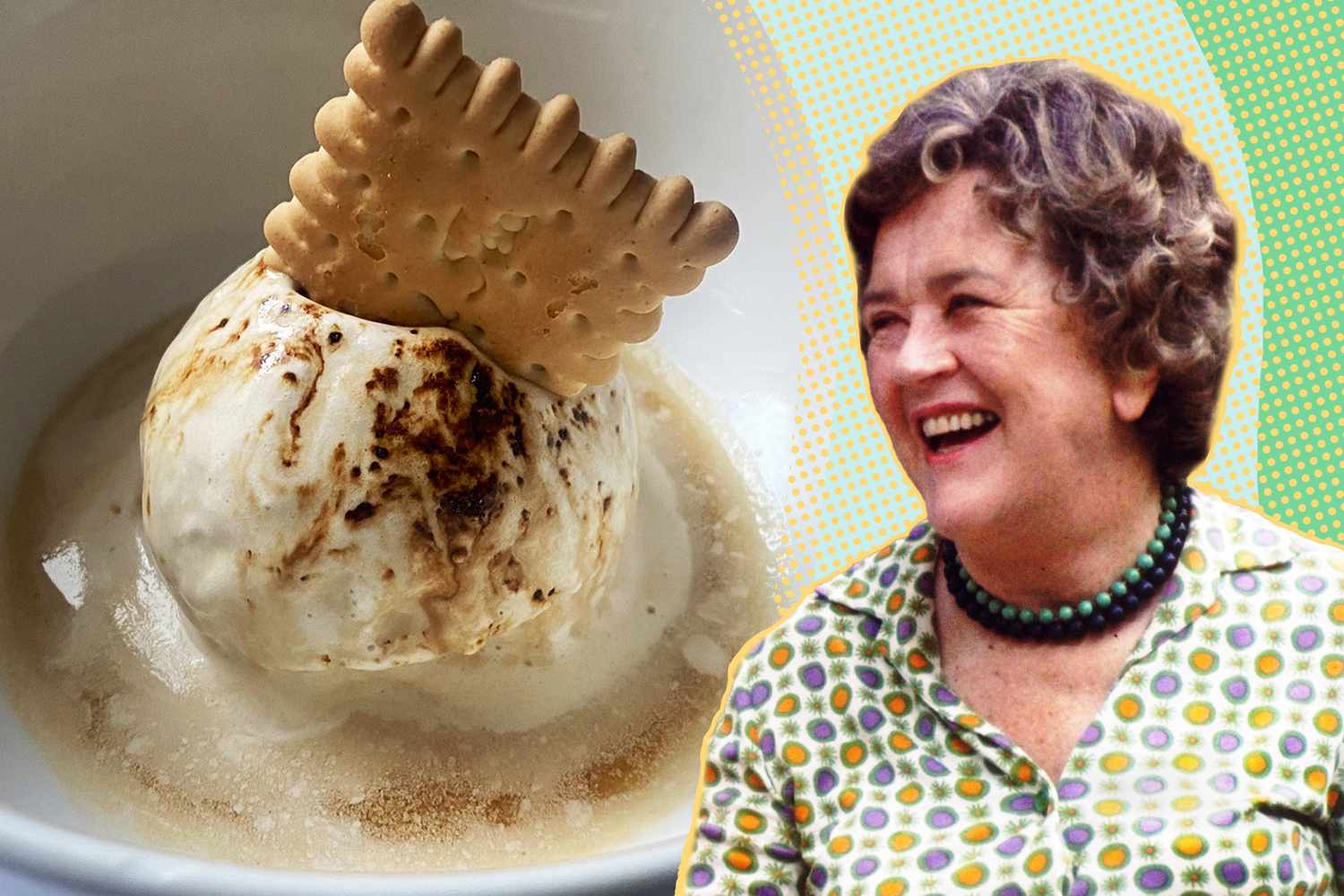 Julia Child’s 4-Ingredient Dessert next to a portrait of Julia Child