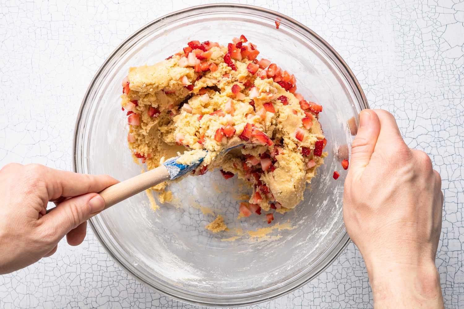 Chopped Strawberries Folded Into the Cookie Dough Using the Spatula