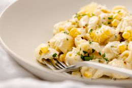 Bowl of Fresh Corn Pasta with a Fork