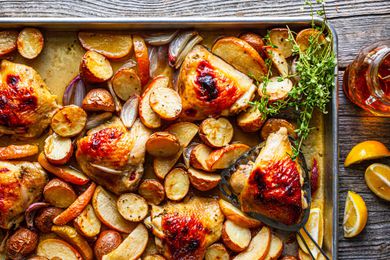 Sheet Pan Honey Roasted Chicken Thighs with Baby Potatoes, Apples, Shallots, and Thyme