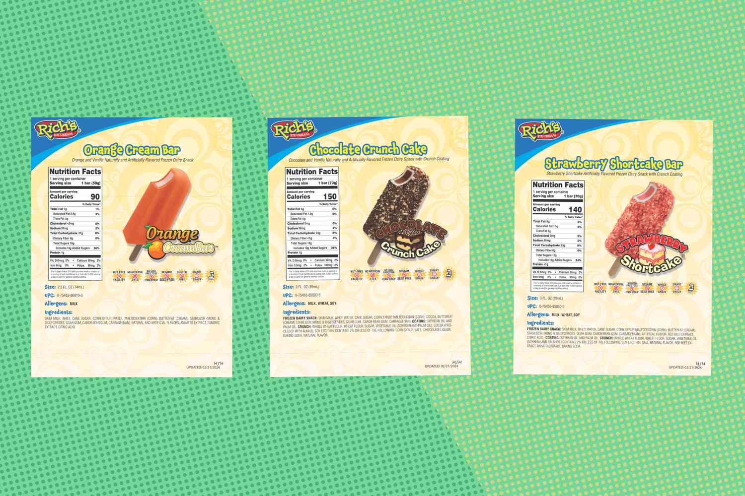 Three packages of Rich's ice cream bars showing Orange Cream Bar Chocolate Crunch Bar and Strawberry Shortcake Bar on a green backdrop
