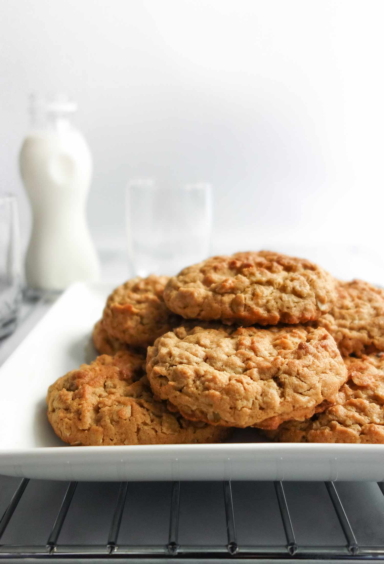 Pile of Chewy Peanut Butter Oatmeal Cookies on a Plate
