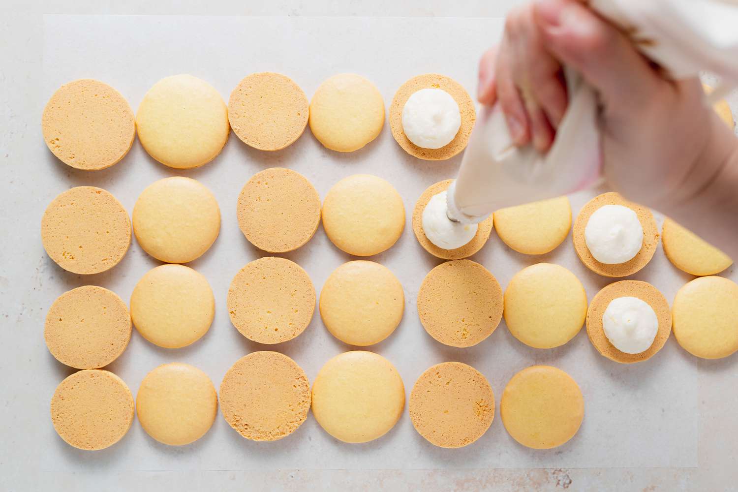 Piping buttercream on bottom shell of lemon macarons.