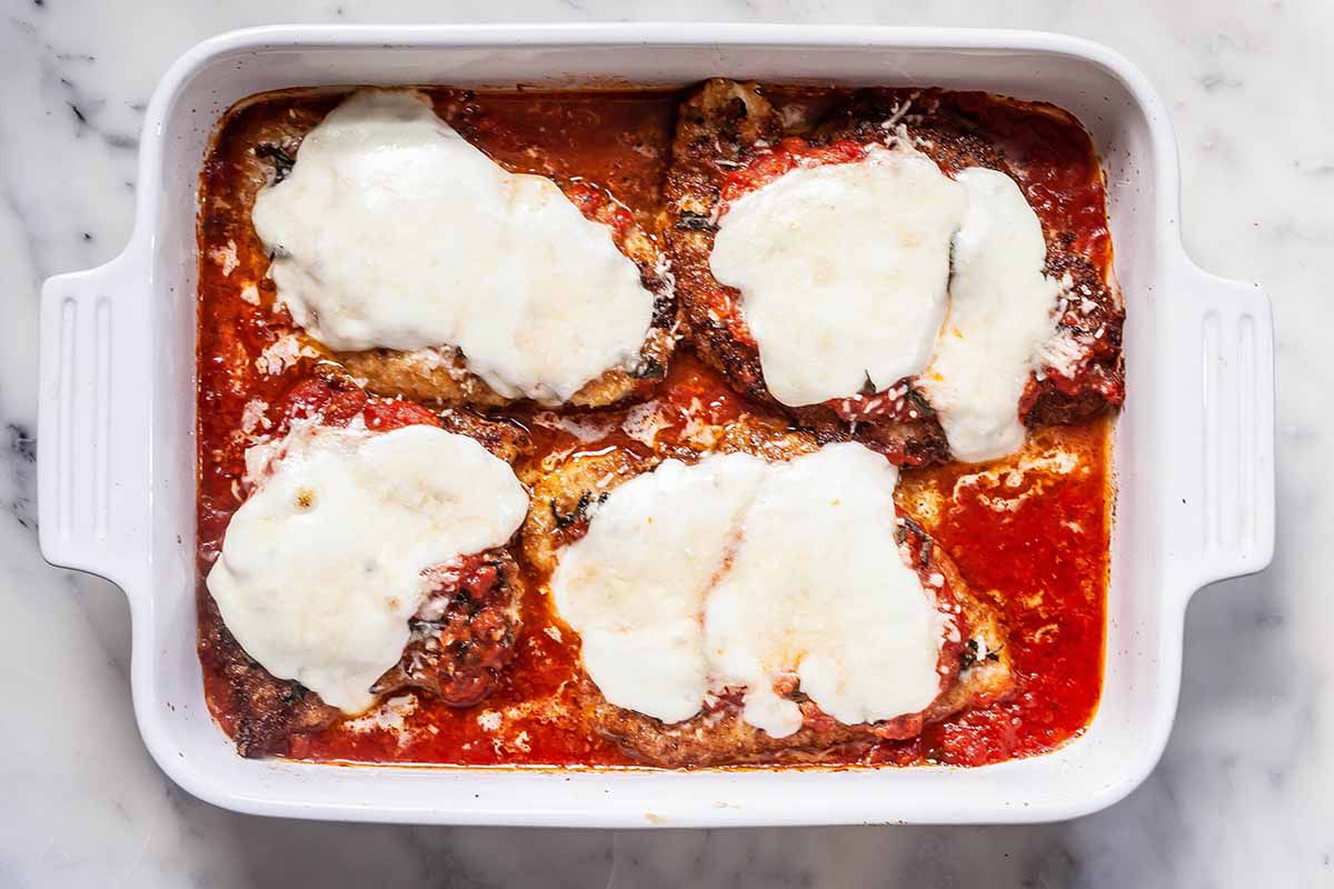 Baked Chicken Parmesan bake the chicken in the oven in a casserole dish