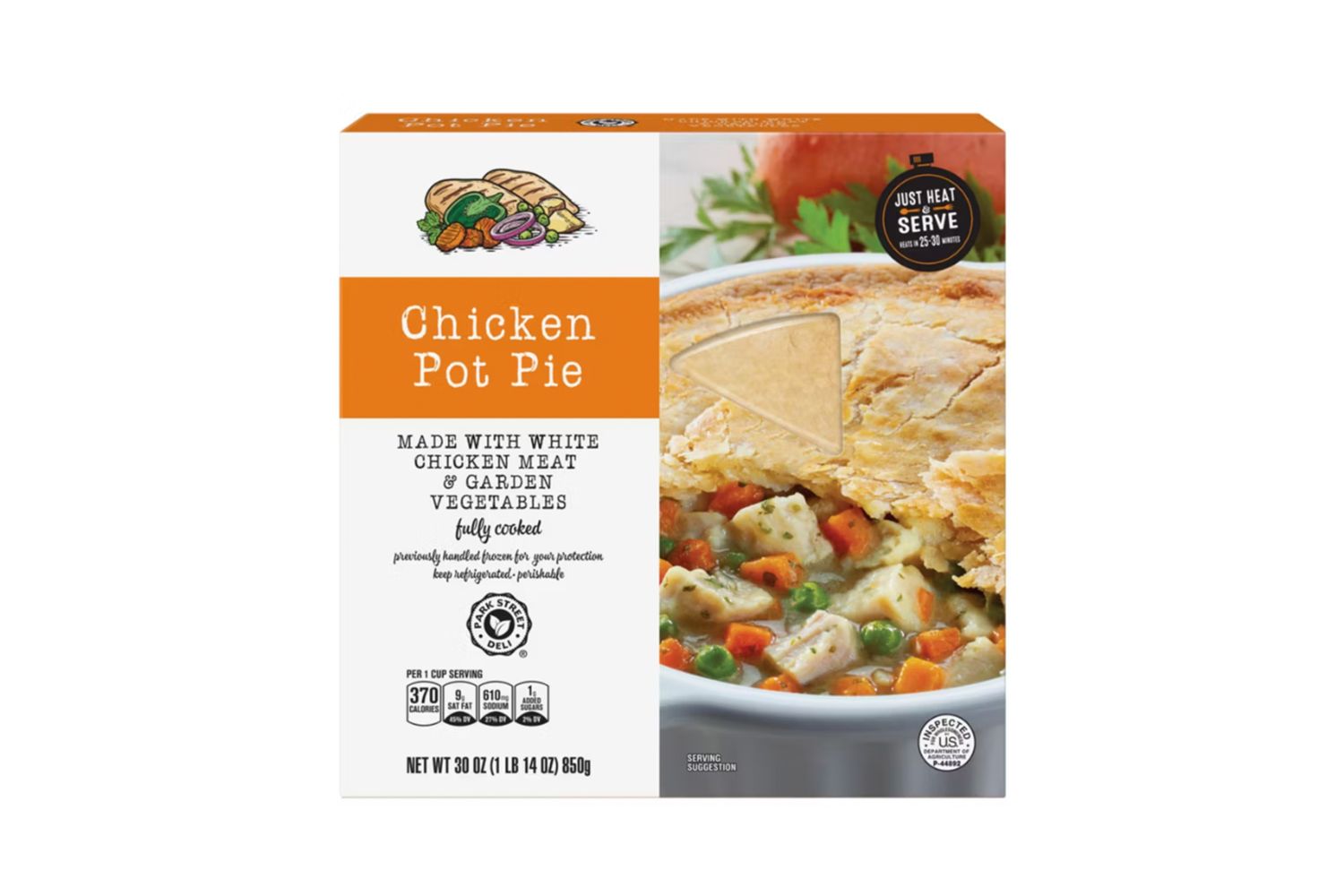 Box of chicken pot pie showcasing packaging with product image and details such as ingredients and nutritional information