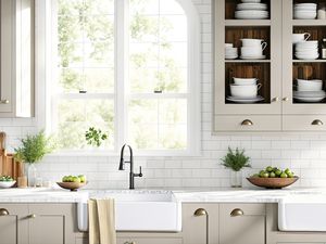 A bright kitchen scene, showing a farmhouse sink, marble countertops, and a subway tile backsplash
