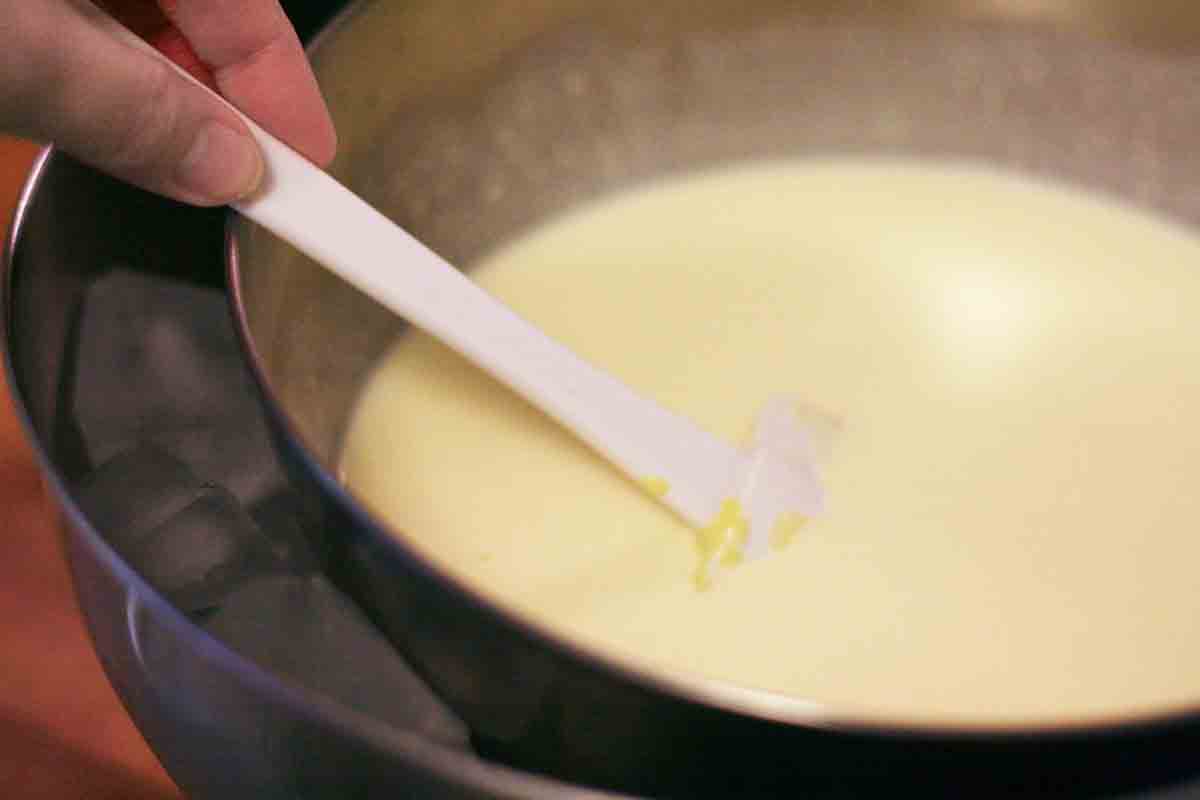 Strain custard over ice bath, chill