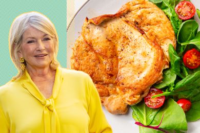 Martha Stewart next to a plate of cooked chicken breast with salad