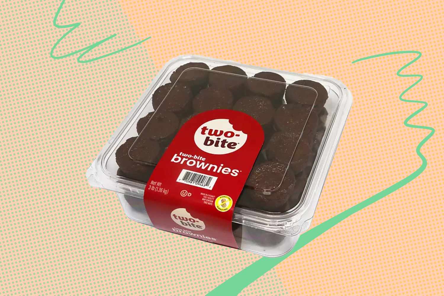 Clamshell container of TwoBite Brownies with labeled packaging