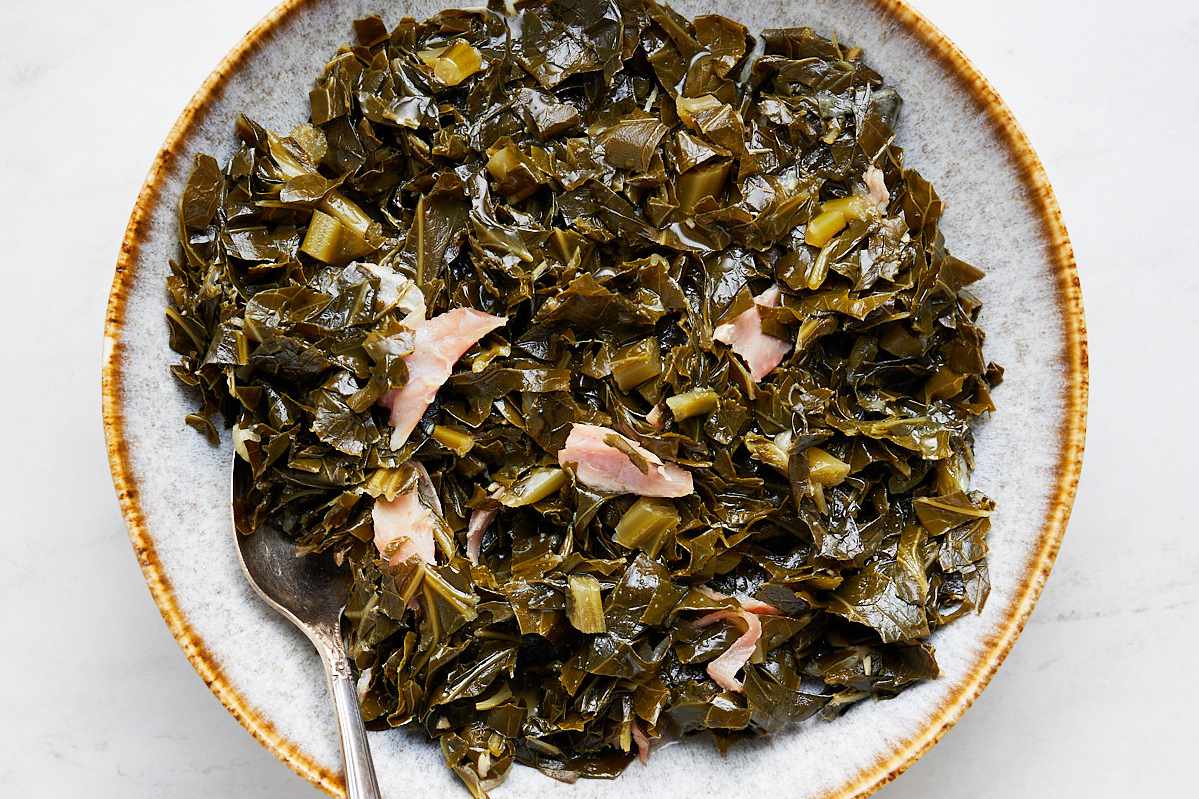 Instant Pot Collard Greens on a Plate with Serving Utensil