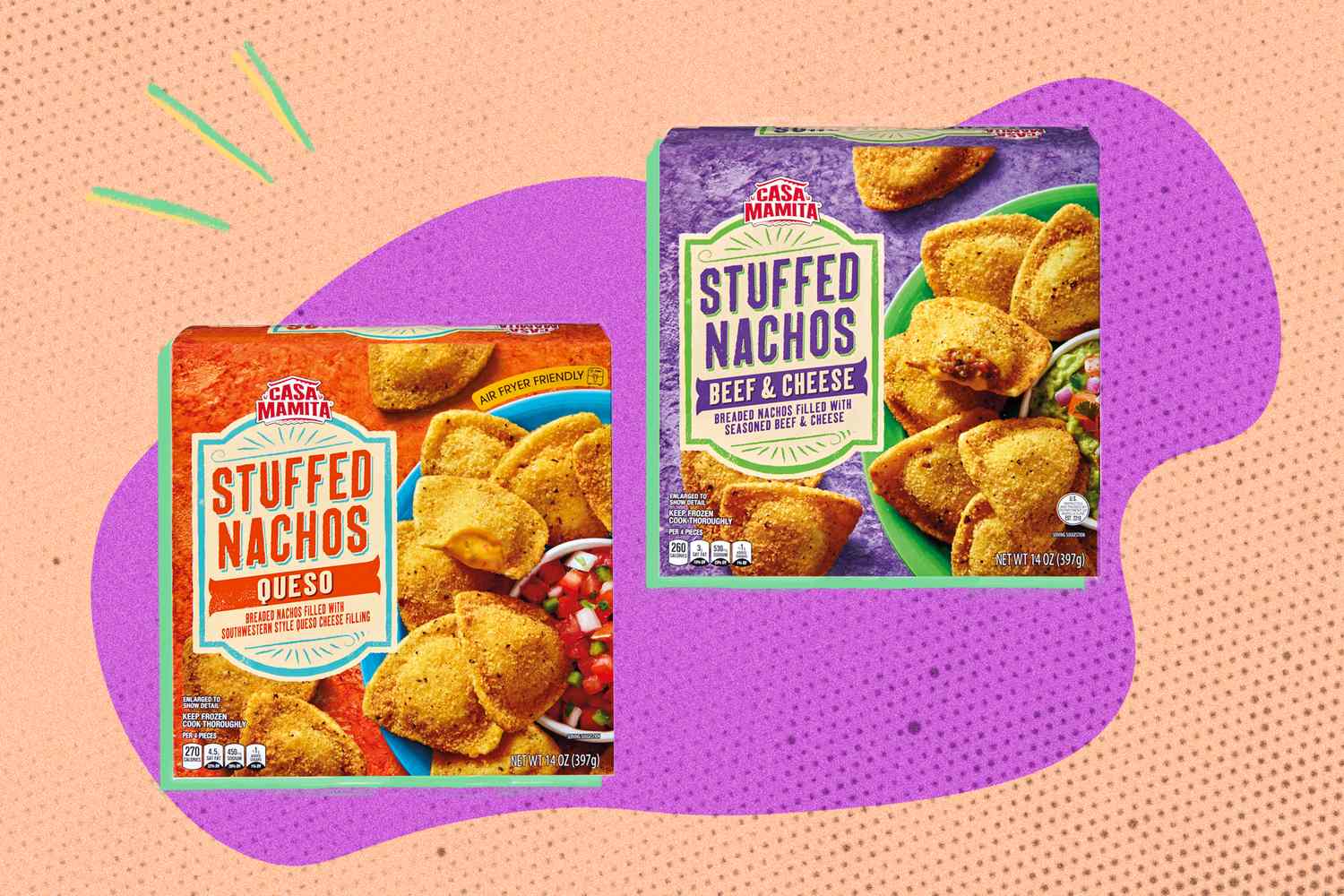 Two packages of Casa Mamita Stuffed Nachos one Queso flavored and the other Beef Cheese displayed on a colorful background