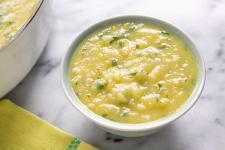 Leek and Potato Soup in a white bowl
