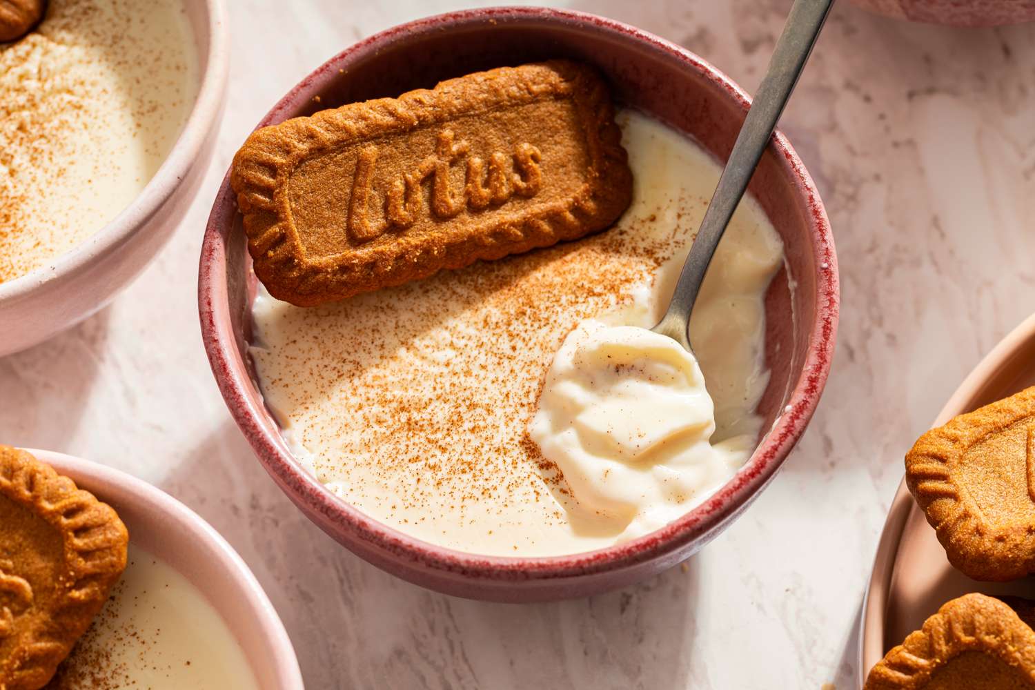 Dessert in a bowl topped with a spiced cookie and sprinkled with spice served with a spoon