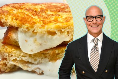 Stanley Tucci next to a grilled cheese sandwich