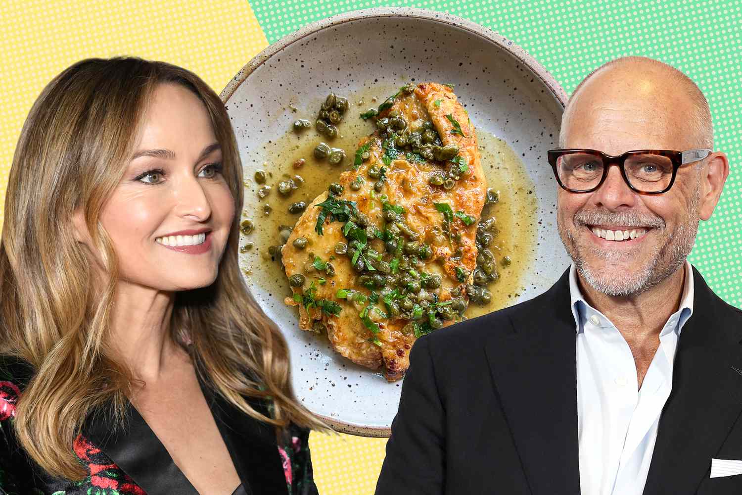 portrait of Giada De Laurentiis, Chicken Piccata, and Alton Brown