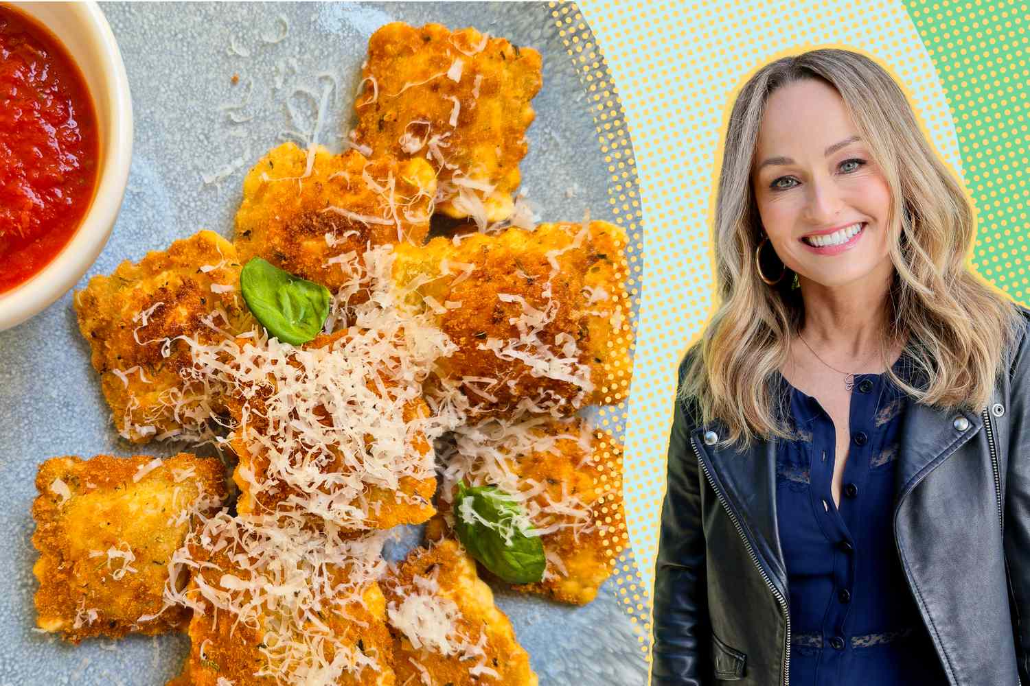 Giada De Laurentiis pictured with a dish of crispy ravioli and marinara sauce