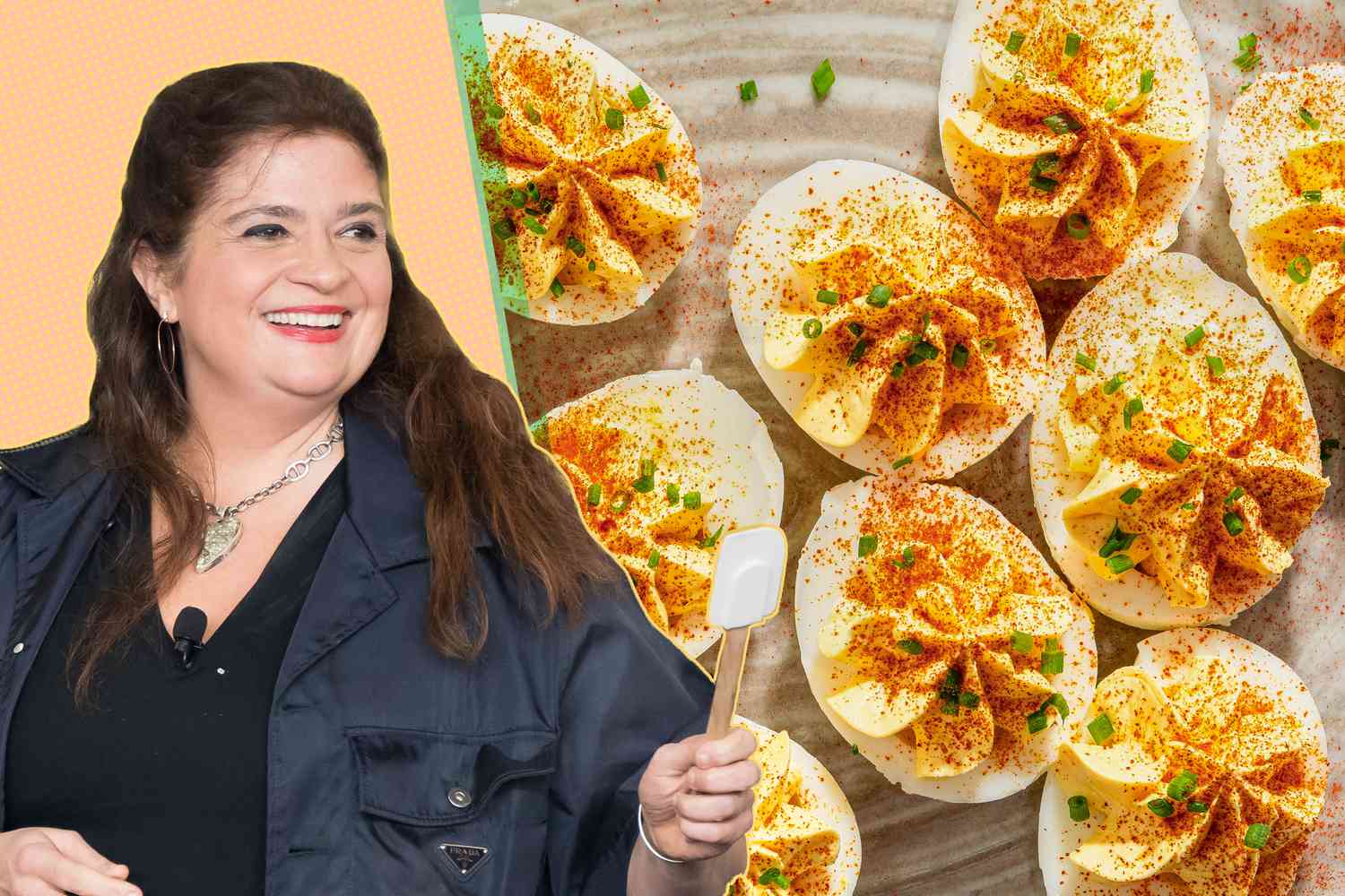 Headshot of Alex Guarnaschelli next to a plate of her Deviled Eggs recipe