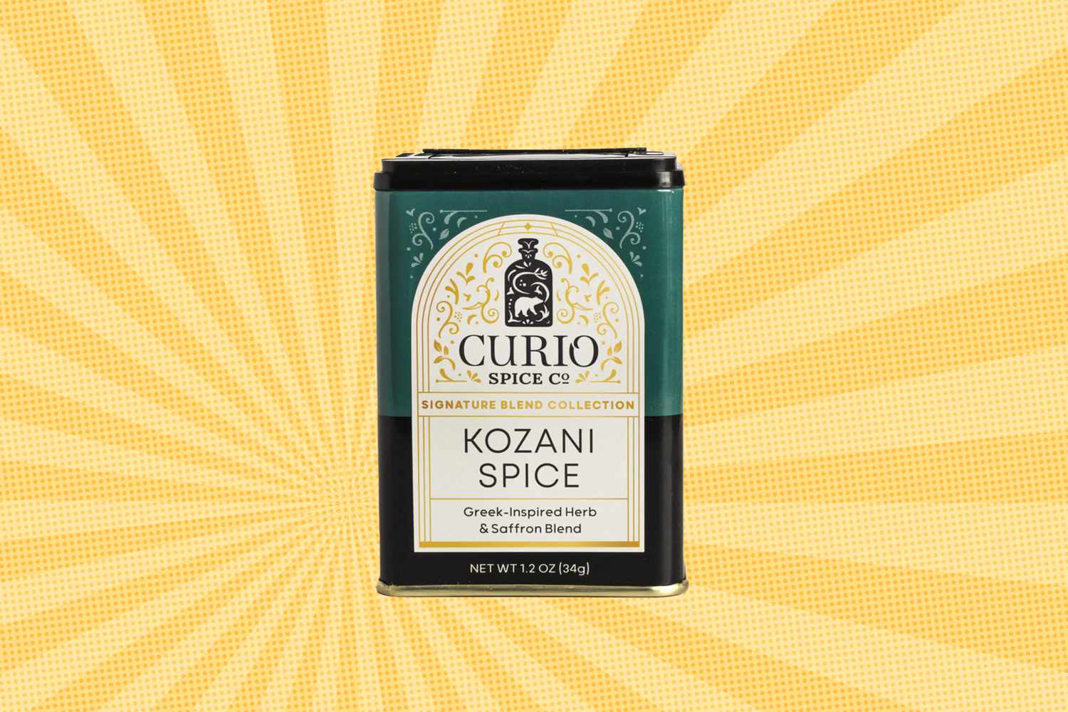A tin of Kozani Spice by Curio Spice Co on a yellow patterned background