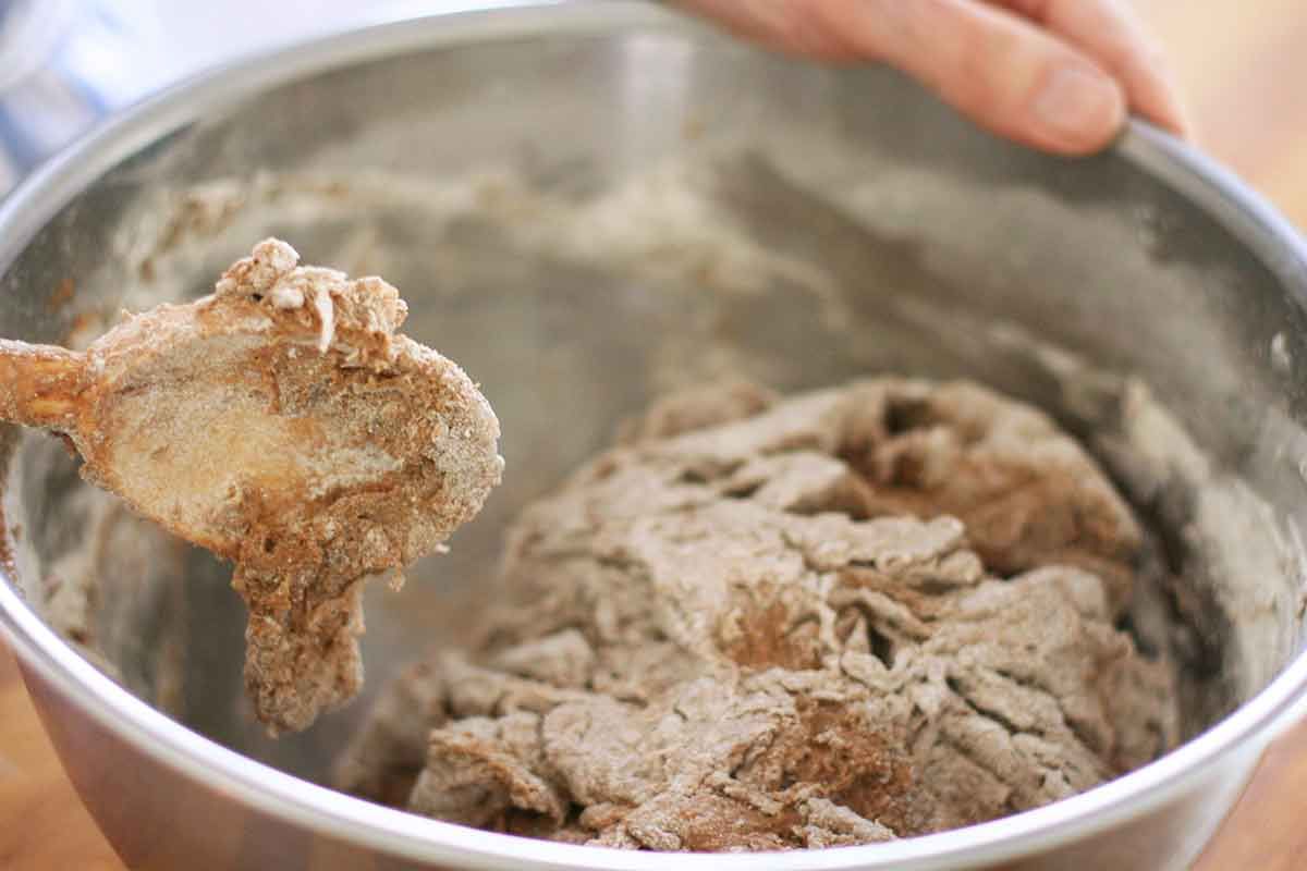 Rye bread dough mixed in a mixing bowl