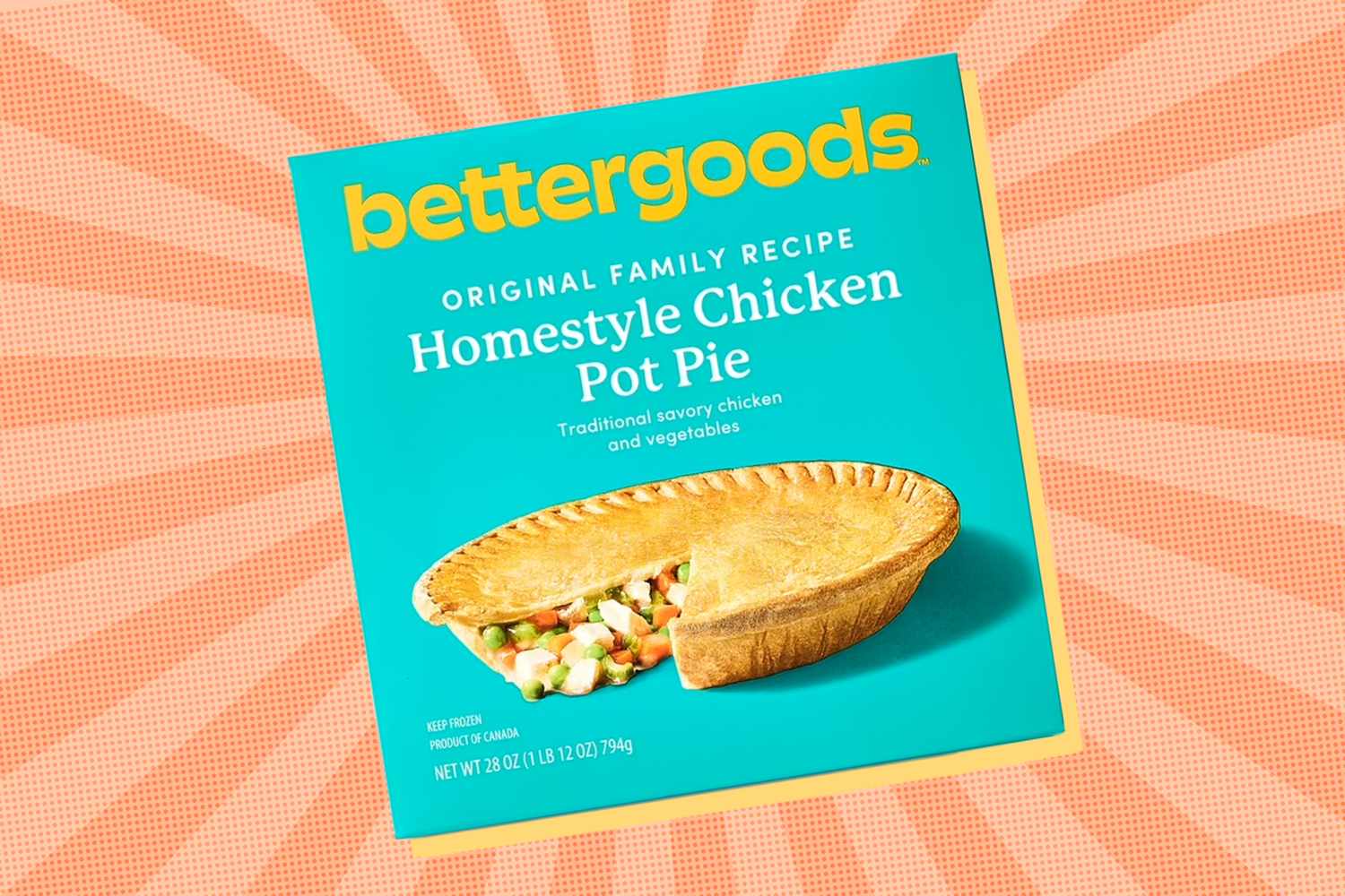 Packaging for 'Bettergoods' Homestyle Chicken Pot Pie, with a sliced pot pie and vegetables visible inside